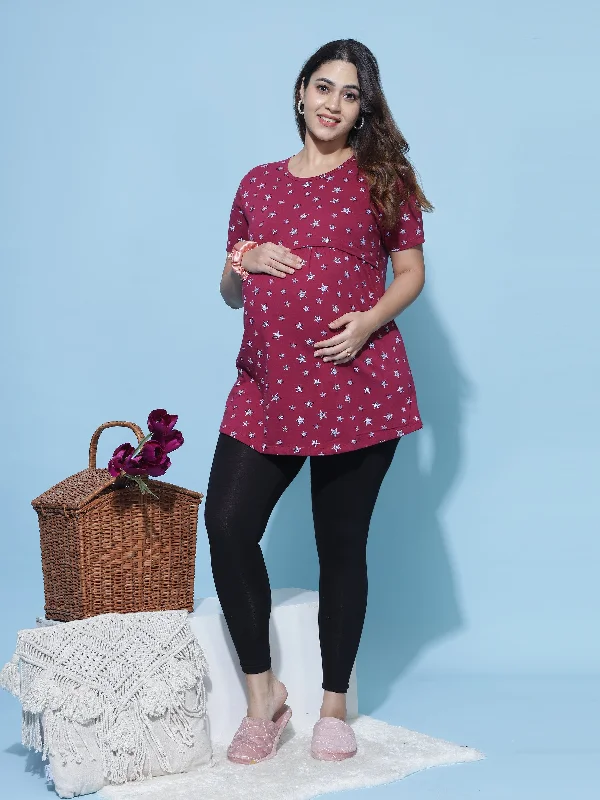 Maroon Hosiery Cotton Maternity Feeding Top