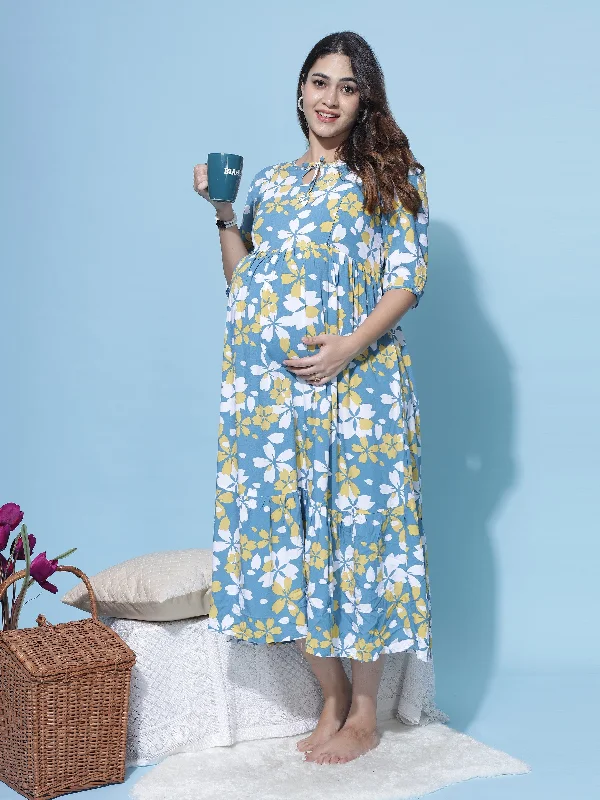 Rayon Maternity Feeding Dress Blue