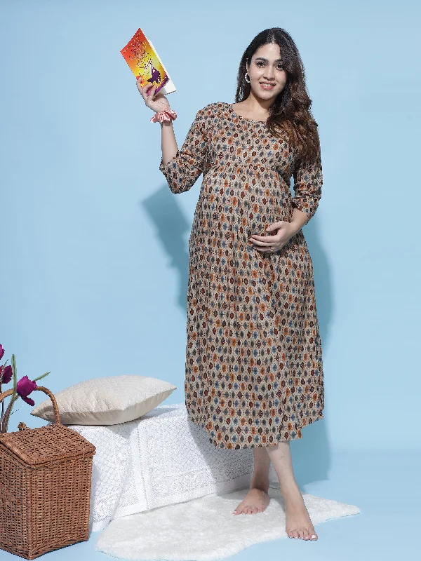 Rayon Maternity Feeding Dress Brown