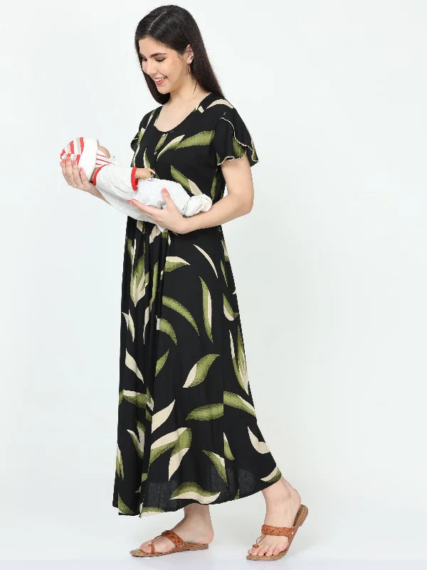 Rayon Maternity Feeding Dress Black Green