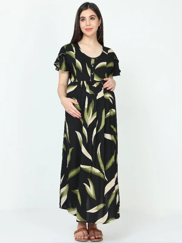 Rayon Maternity Feeding Dress Black Green