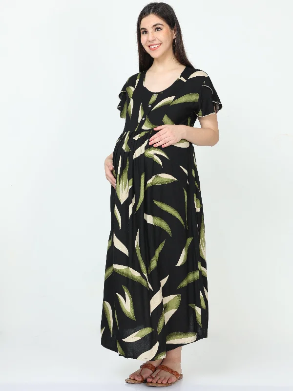 Rayon Maternity Feeding Dress Black Green