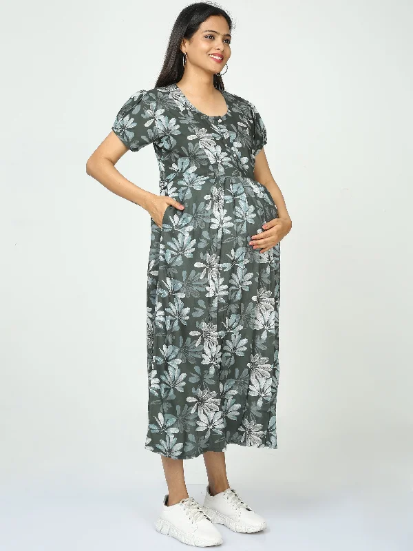 Rayon Maternity Feeding Dress Green