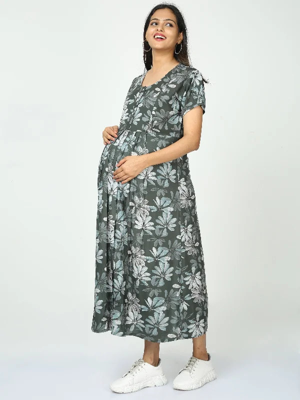 Rayon Maternity Feeding Dress Green