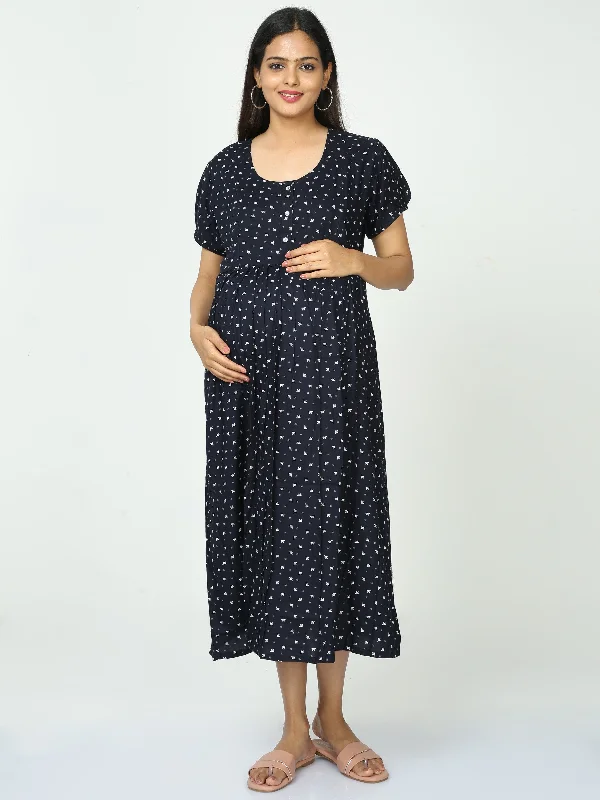 Rayon Maternity Feeding Dress Navy Blue