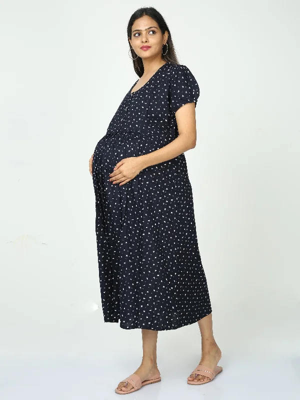 Rayon Maternity Feeding Dress Navy Blue