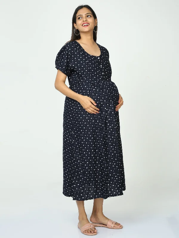 Rayon Maternity Feeding Dress Navy Blue