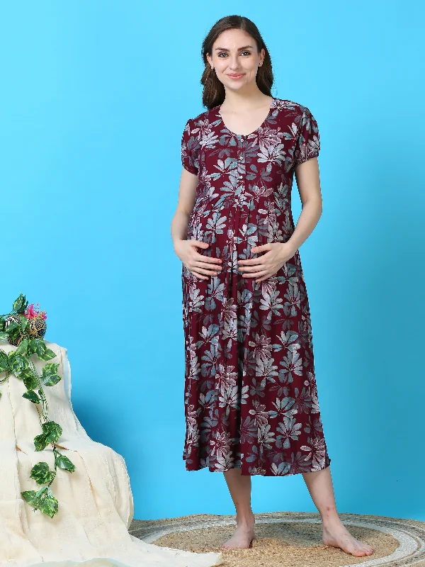 Rayon Maternity Feeding Dress Red