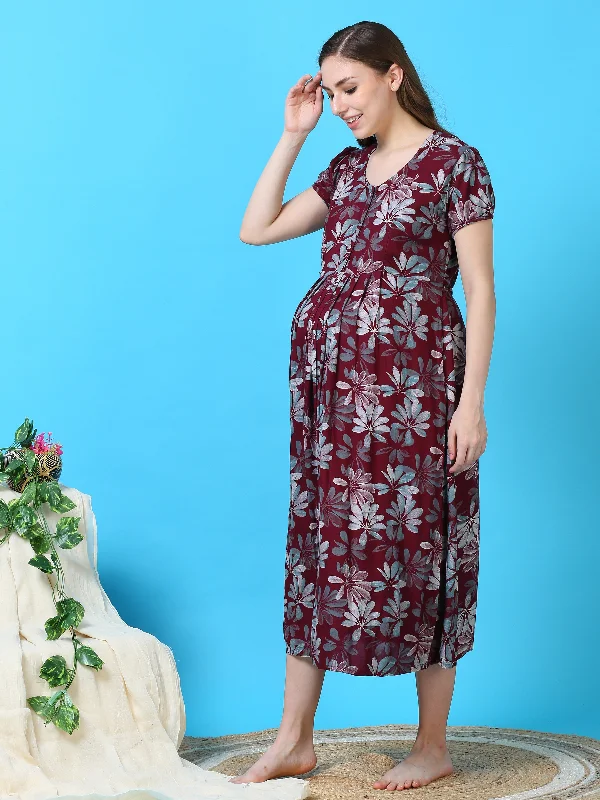 Rayon Maternity Feeding Dress Red