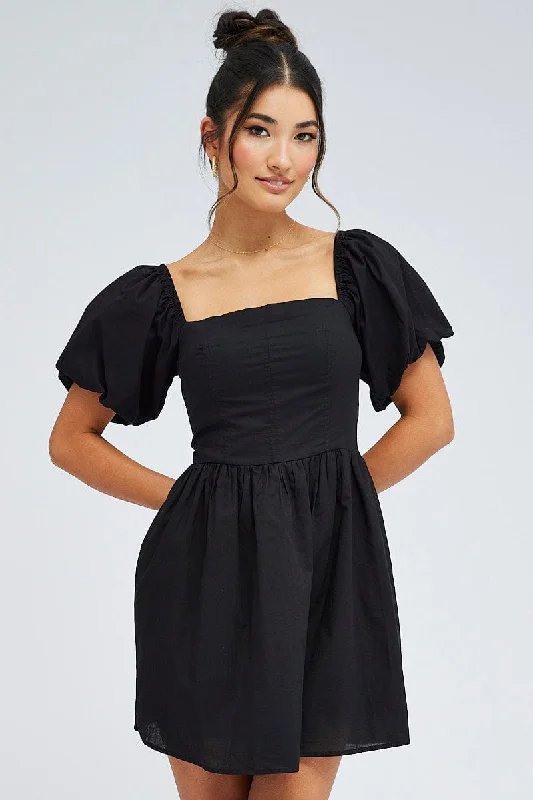 Black Fit and Flare Dress Short Sleeve