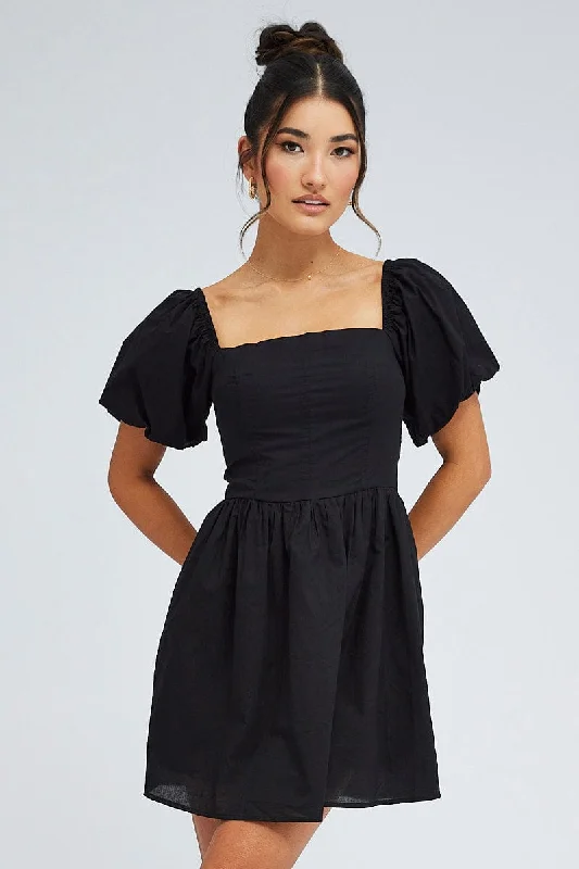 Black Fit and Flare Dress Short Sleeve