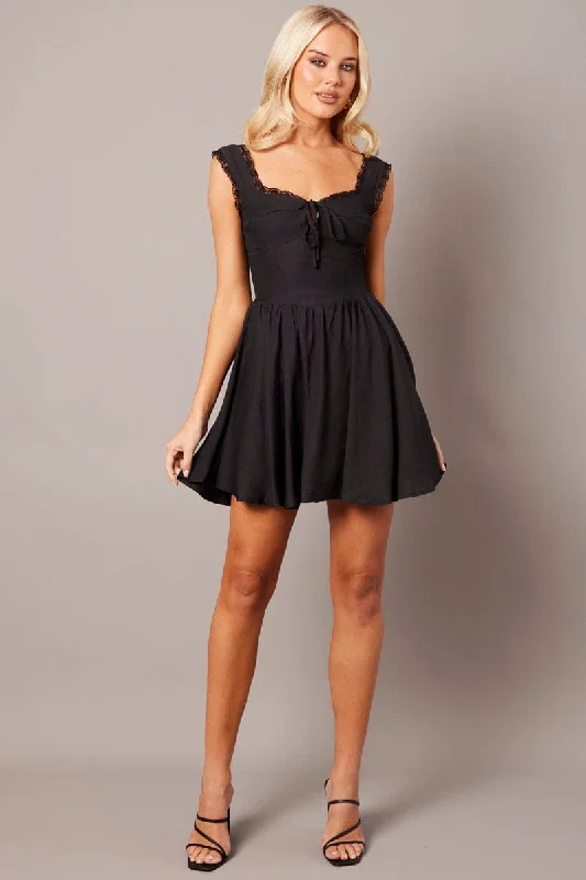 Black Fit and Flare Dress Sleeveless Lace Trim