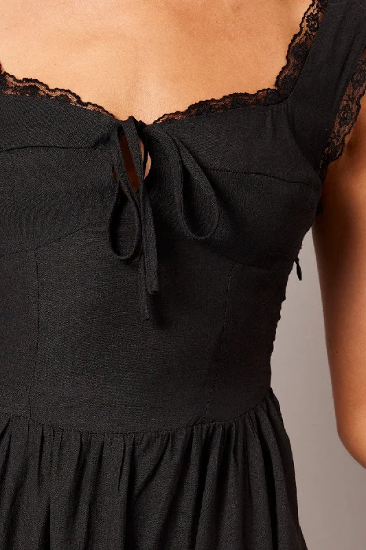 Black Fit and Flare Dress Sleeveless Lace Trim