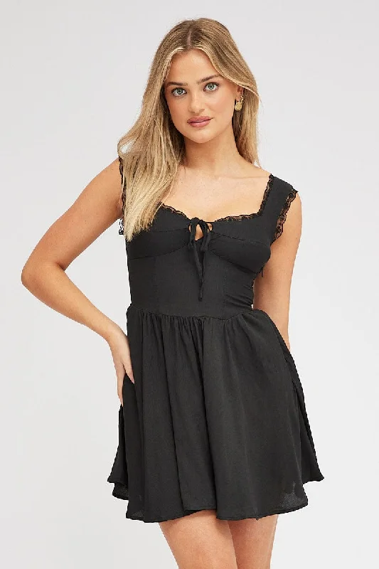 Black Fit and Flare Dress Sleeveless Lace Trim