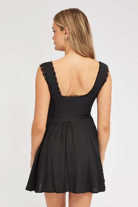 Black Fit and Flare Dress Sleeveless Lace Trim