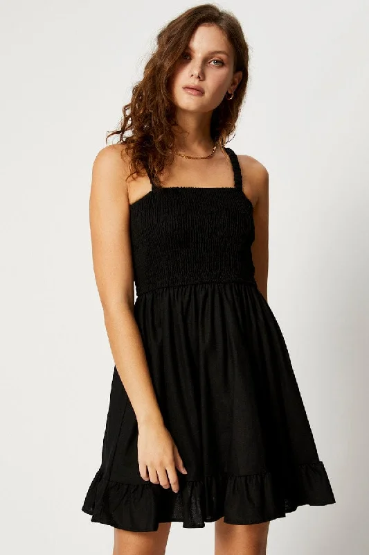 Black Shirred Skater Dress