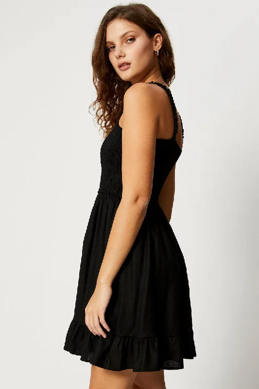 Black Shirred Skater Dress