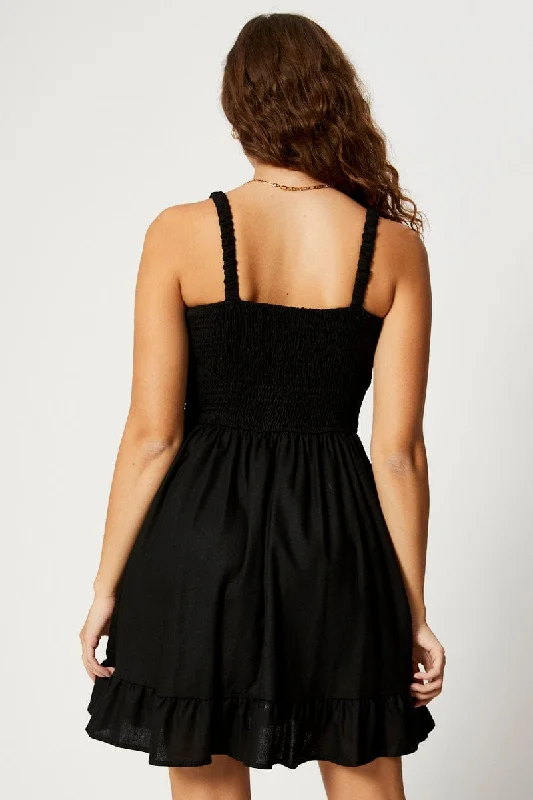 Black Shirred Skater Dress