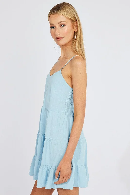 Blue Fit and Flare Dress Sleeveless Tiered