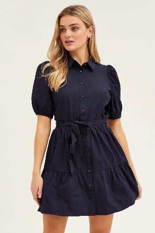 Blue Puff Sleeve Button Up Tie Waist Tiered Dress