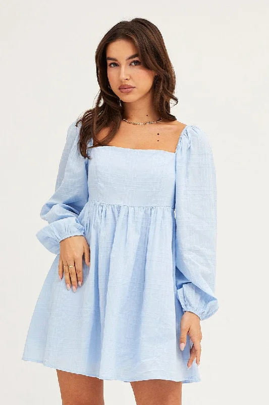 Blue Square Neck Skater Dress