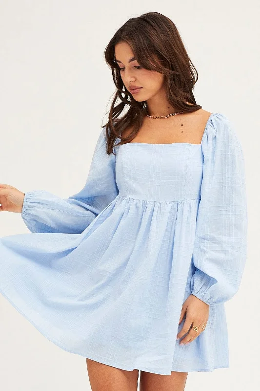 Blue Square Neck Skater Dress