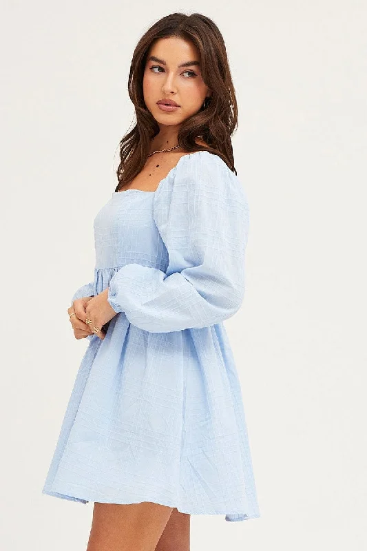 Blue Square Neck Skater Dress