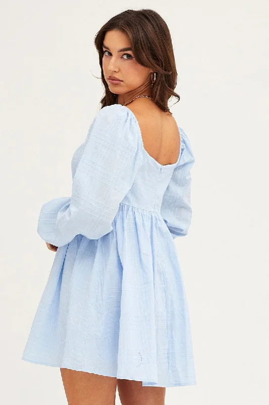 Blue Square Neck Skater Dress