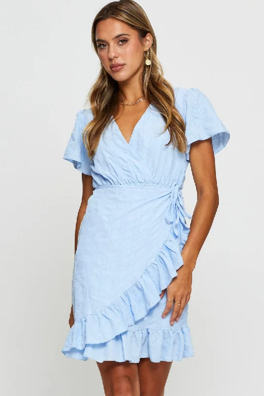 Blue Wrap Dress Short Sleeve V Neck