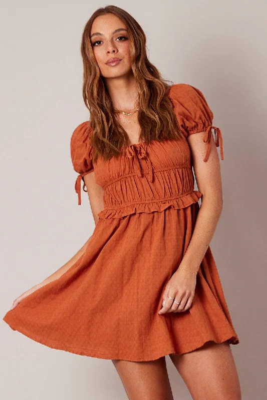 Brown Fit and Flare Dress Short Sleeve Textured