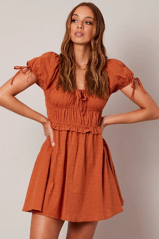 Brown Fit and Flare Dress Short Sleeve Textured