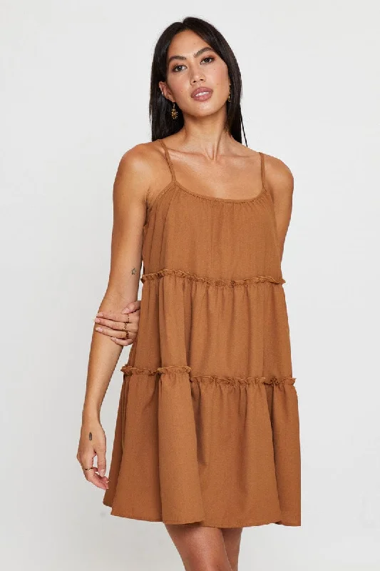 Brown Fit And Flare Dress Sleeveless Tie Shoulder