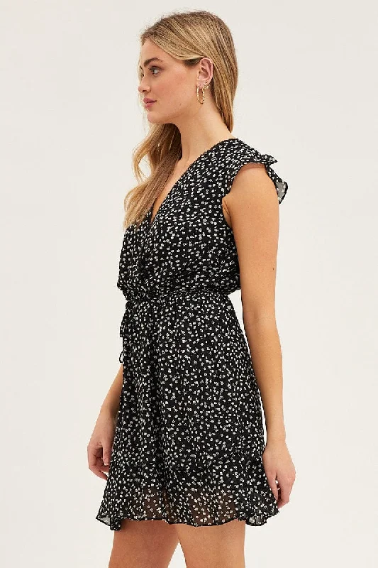 Ditsy Print Flutter Wrap Look Tie Waist Layered Dress