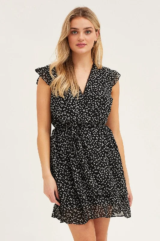 Ditsy Print Flutter Wrap Look Tie Waist Layered Dress