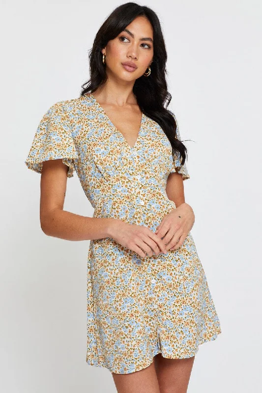 Ditsy Print Skater Dress Short Sleeve Knee Length