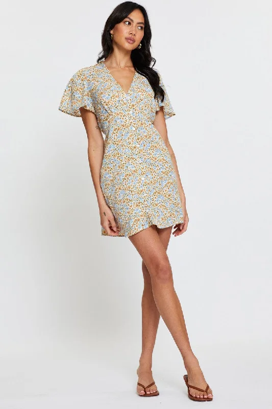 Ditsy Print Skater Dress Short Sleeve Knee Length