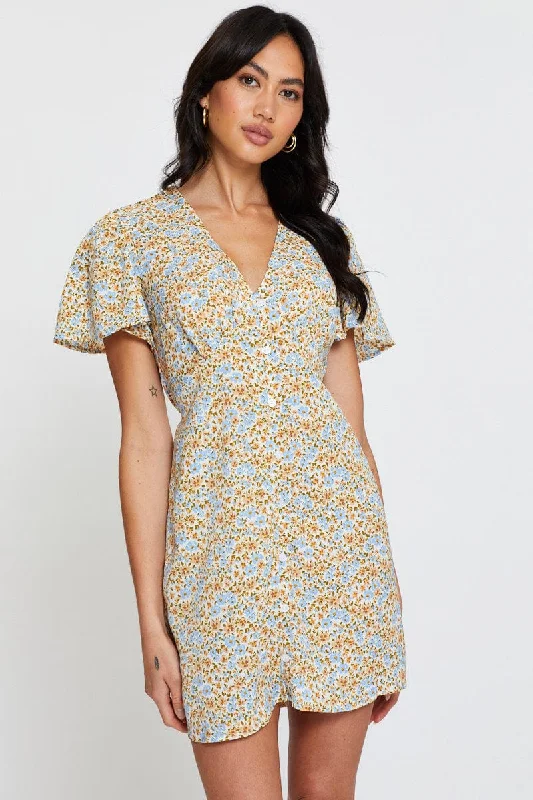 Ditsy Print Skater Dress Short Sleeve Knee Length