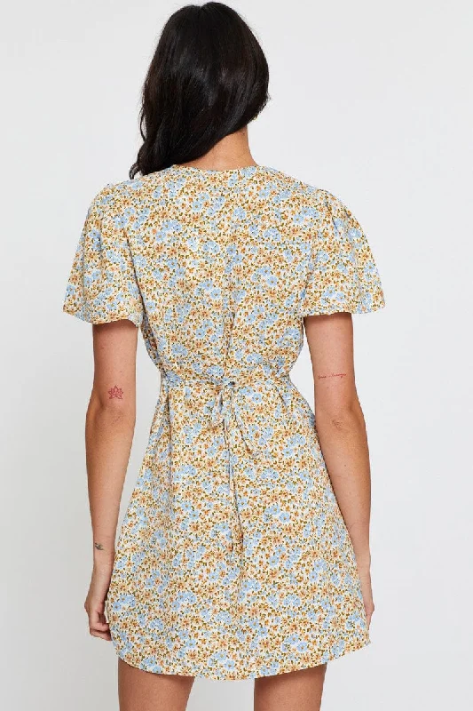 Ditsy Print Skater Dress Short Sleeve Knee Length