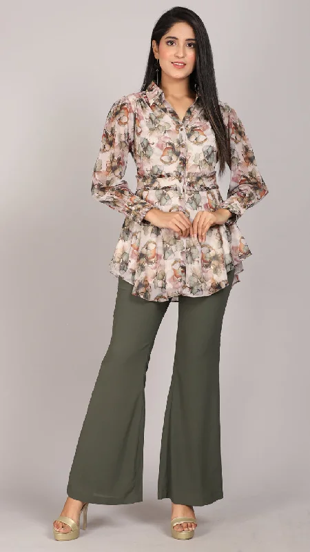 Floral printed shirt with bell bottom co-ord set