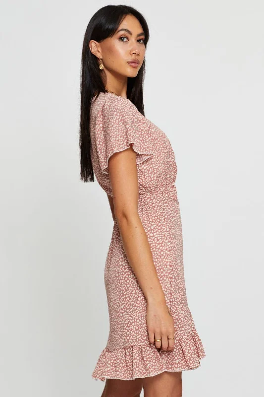 Geo Print Wrap Dress Short Sleeve V Neck