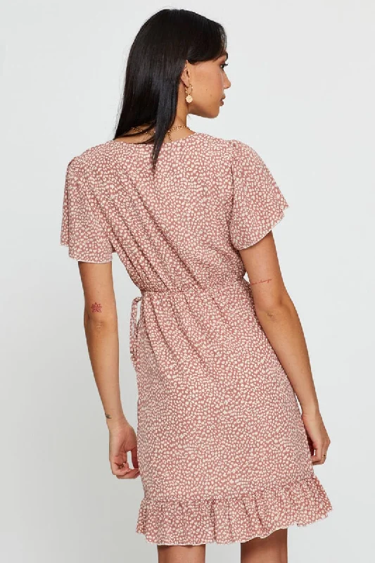 Geo Print Wrap Dress Short Sleeve V Neck