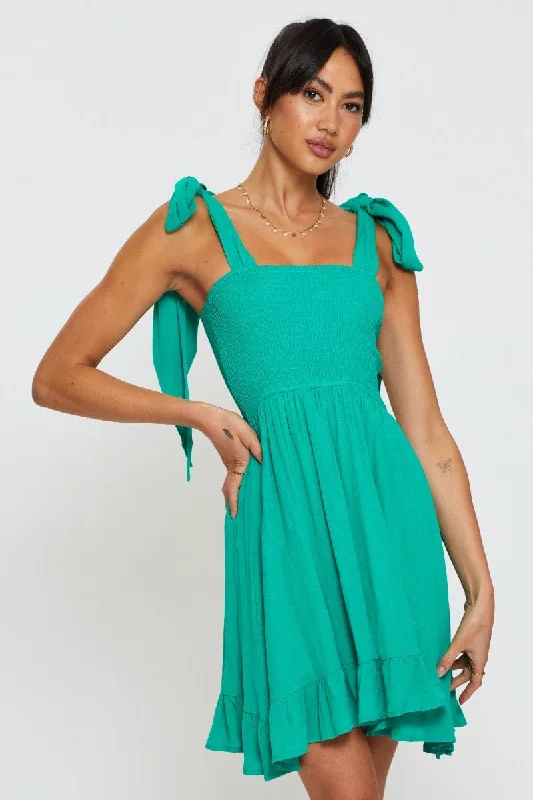 Green Fit And Flare Dress Sleeveless Tie Shoulder