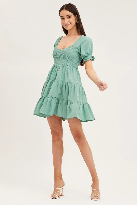 Green Puff Sleeve Shirred Tiered Skater Dress