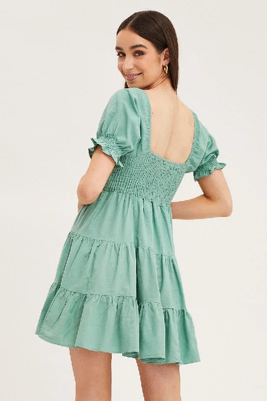 Green Puff Sleeve Shirred Tiered Skater Dress