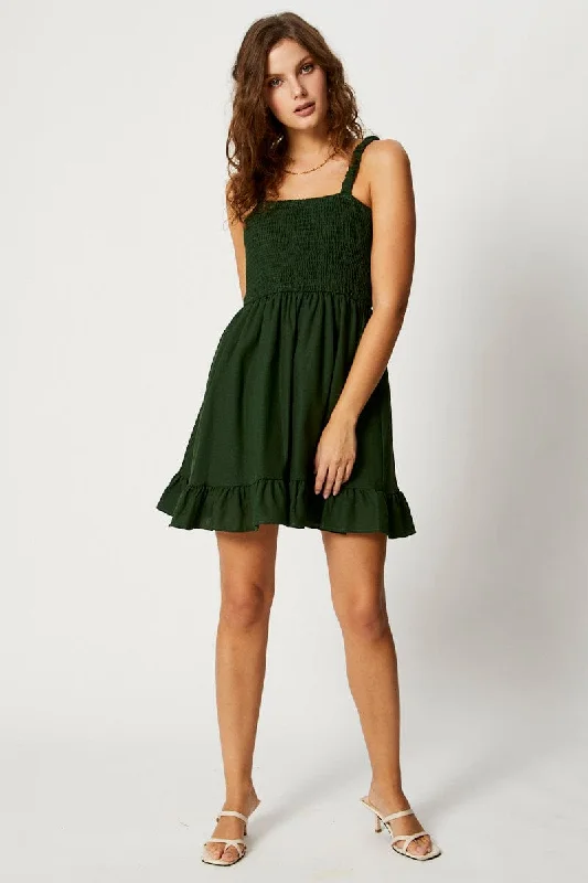 Green Shirred Skater Dress