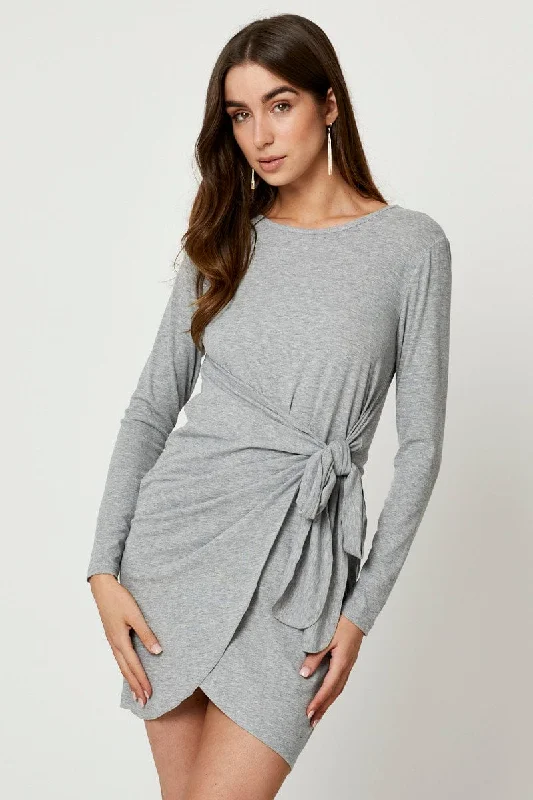 Grey Long Sleeve Wrap Dress