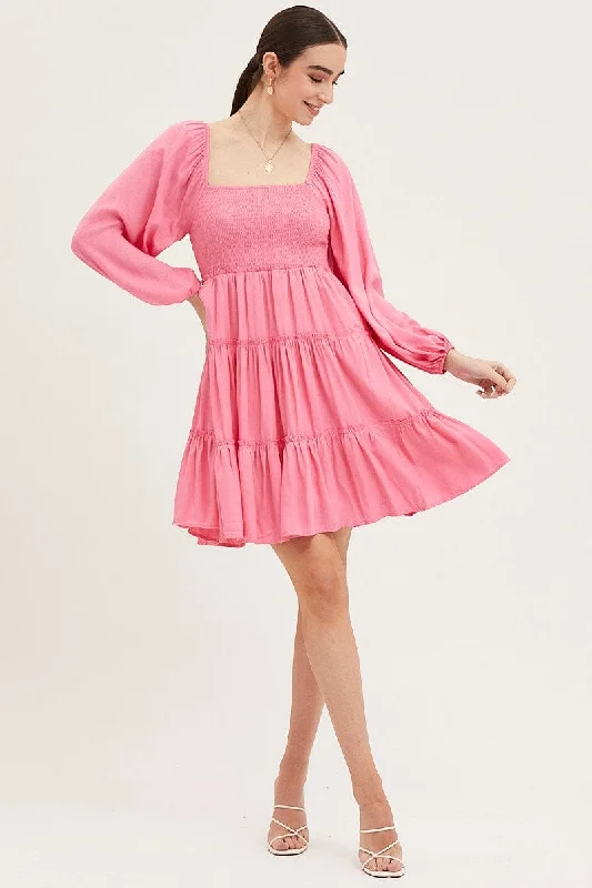 Pink Fit And Flare Dress Long Sleeve Square Neck