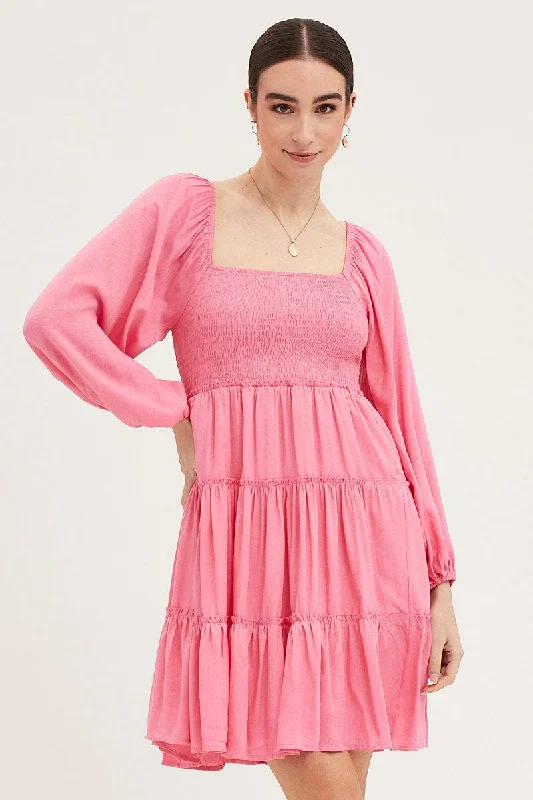 Pink Fit And Flare Dress Long Sleeve Square Neck