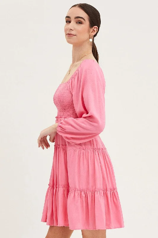 Pink Fit And Flare Dress Long Sleeve Square Neck