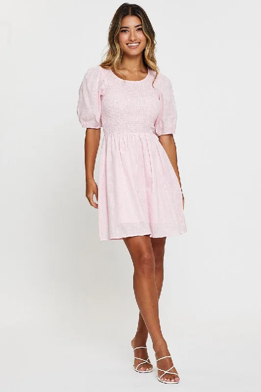 Pink Fit And Flare Dress Short Sleeve Round Neck